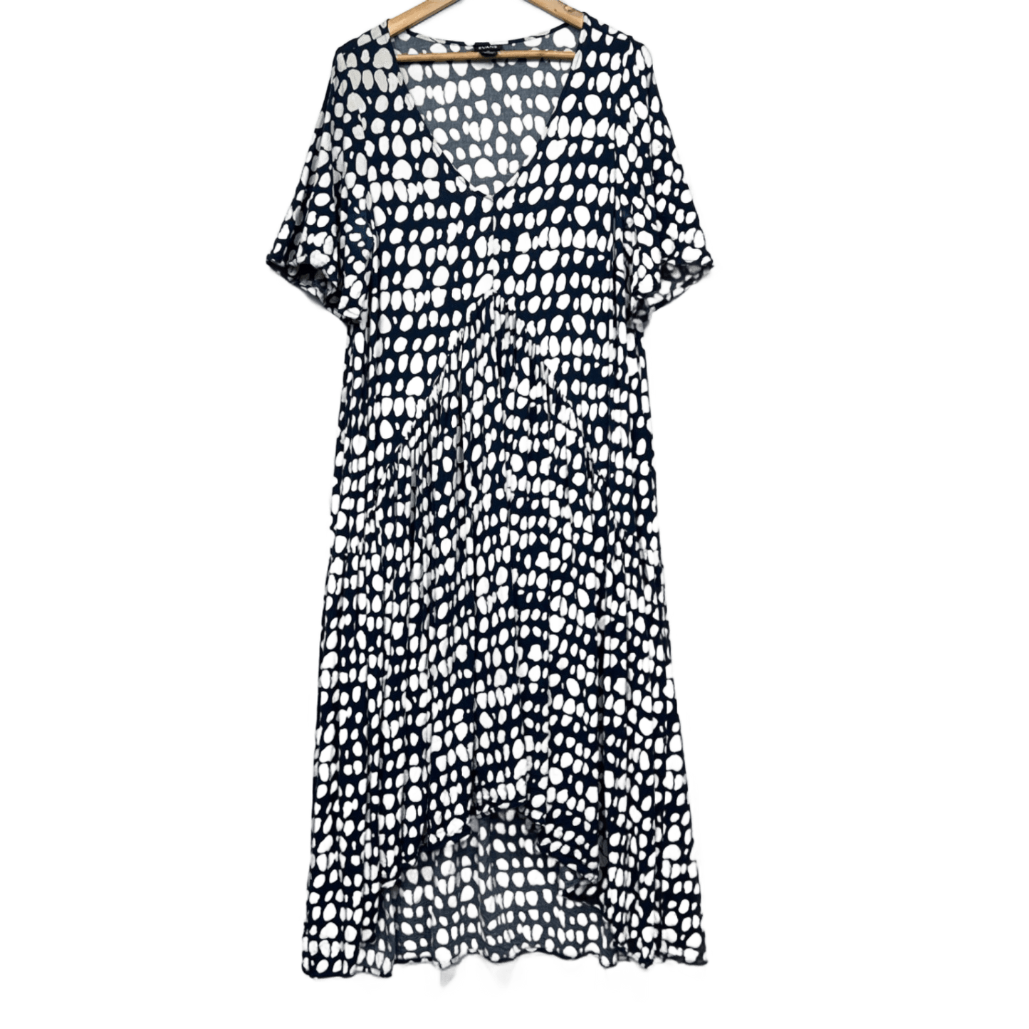 Evans Maxi Dress Size 16 Navy White Spot Print Short Sleeve Viscose