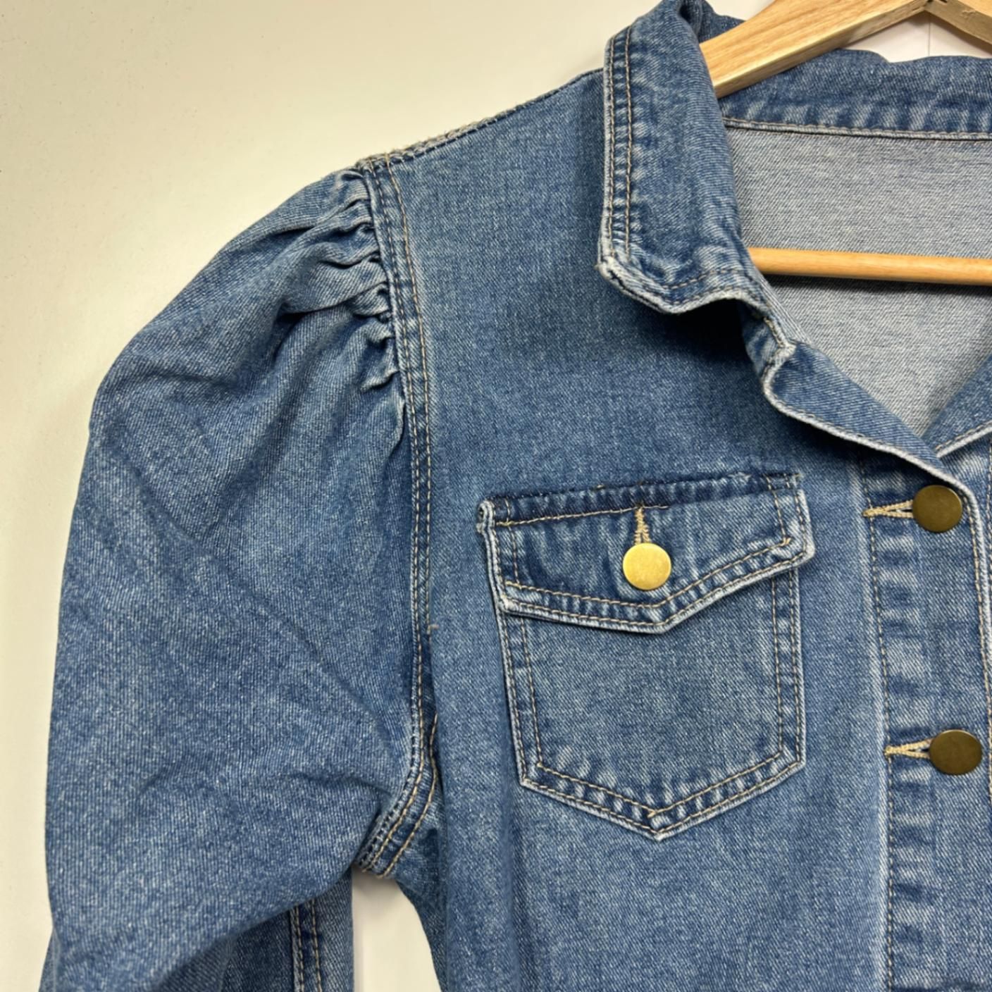 SHEIN Denim Top Size Large Cut off Raw Hem Blue Long Sleeve Puff Sleeve