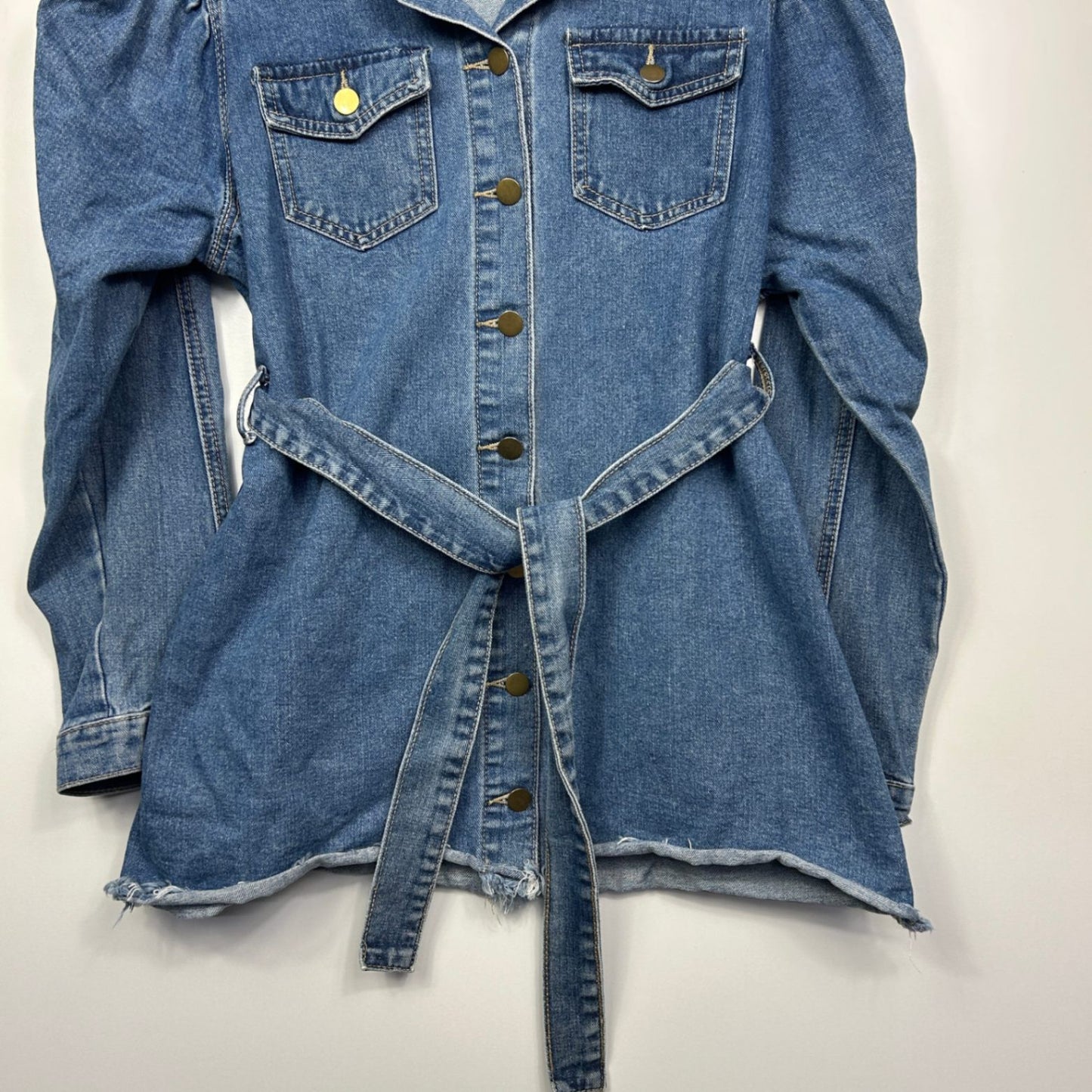 SHEIN Denim Top Size Large Cut off Raw Hem Blue Long Sleeve Puff Sleeve