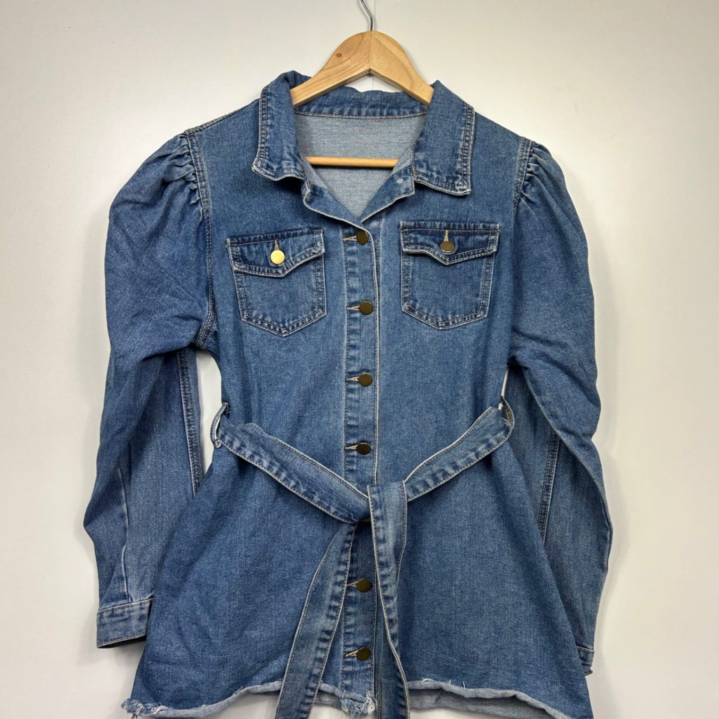 SHEIN Denim Top Size Large Cut off Raw Hem Blue Long Sleeve Puff Sleeve