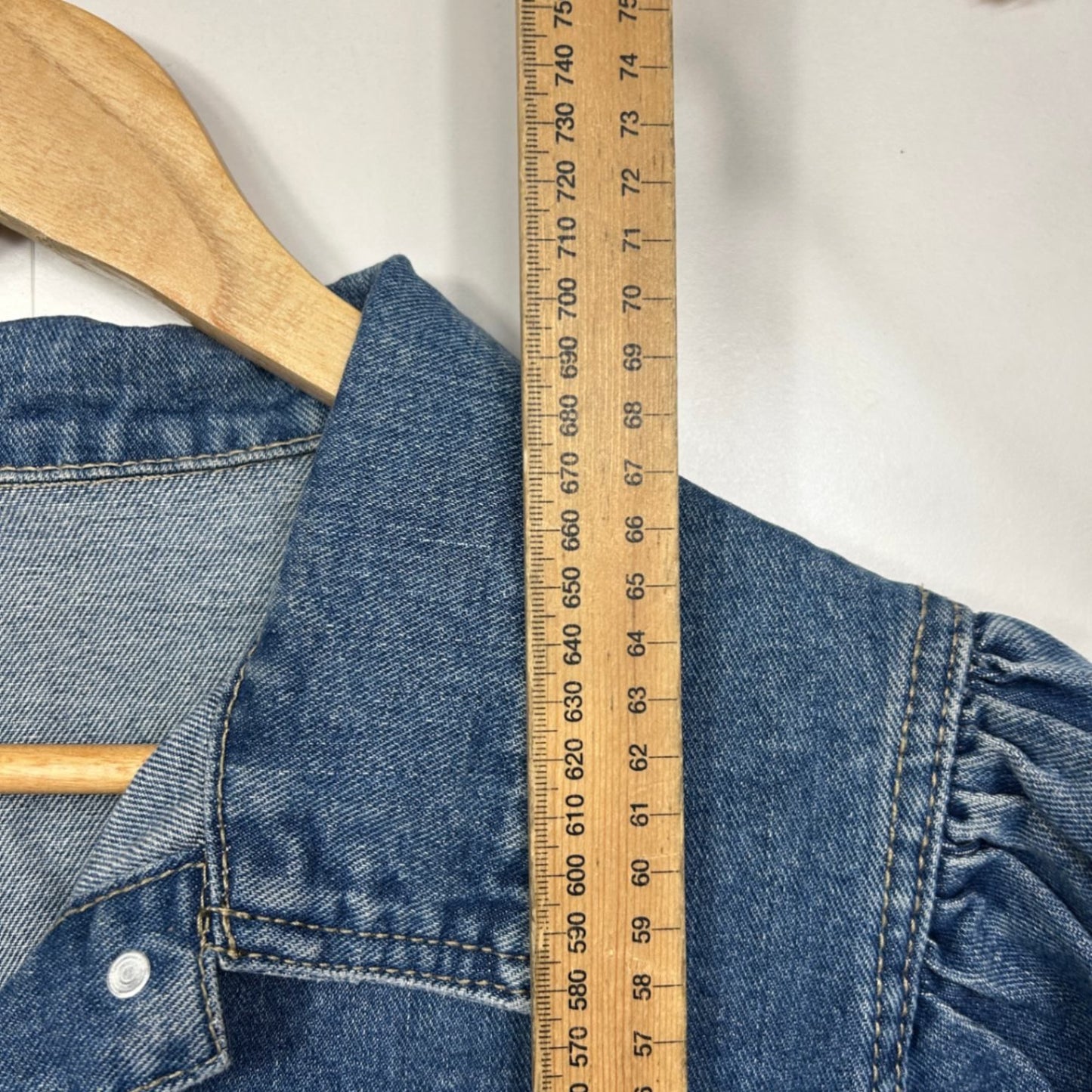 SHEIN Denim Top Size Large Cut off Raw Hem Blue Long Sleeve Puff Sleeve
