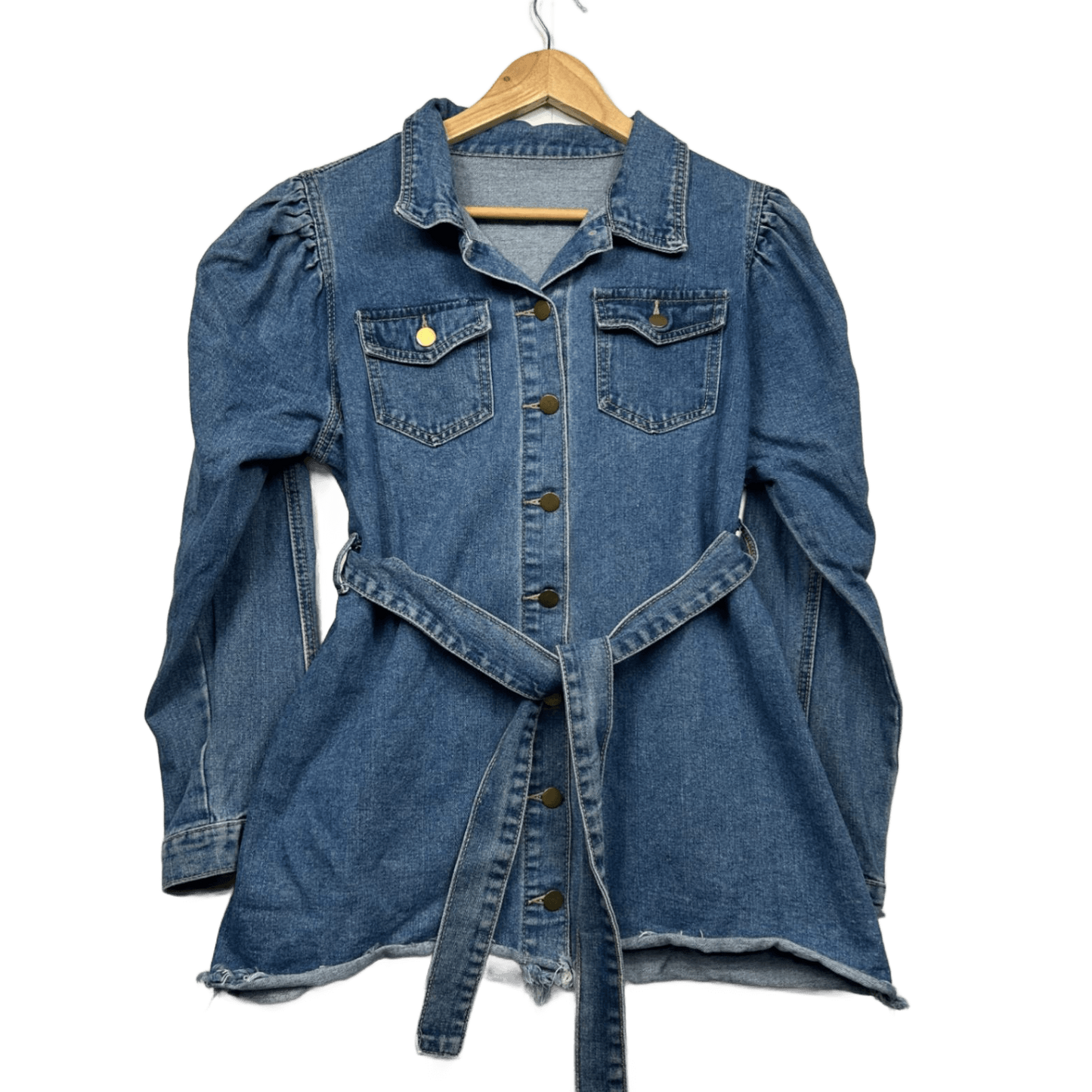 SHEIN Denim Top Size Large Cut off Raw Hem Blue Long Sleeve Puff Sleeve