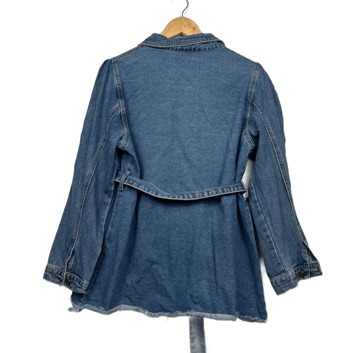 SHEIN Denim Top Size Large Cut off Raw Hem Blue Long Sleeve Puff Sleeve