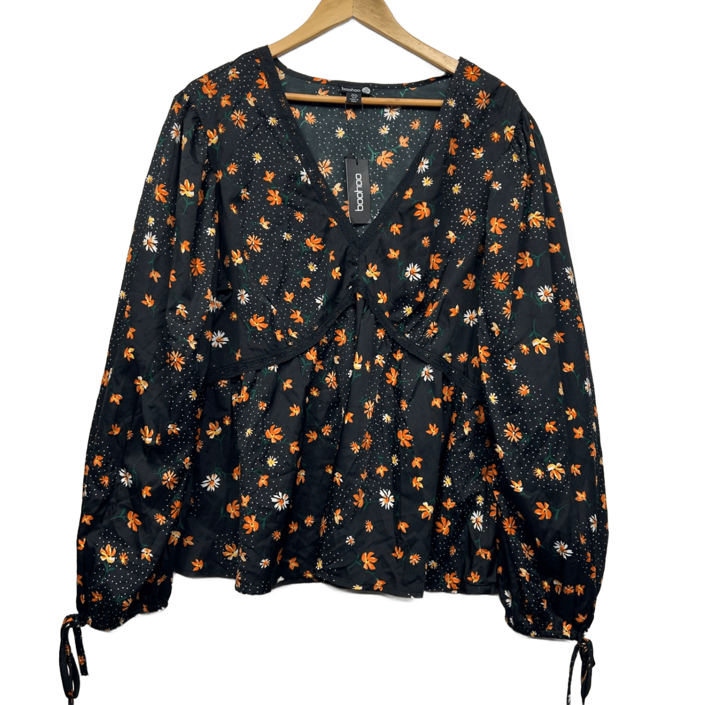 New Boohoo Top 22 Black Polyester Long Sleeve V-Neck Smock Blouse