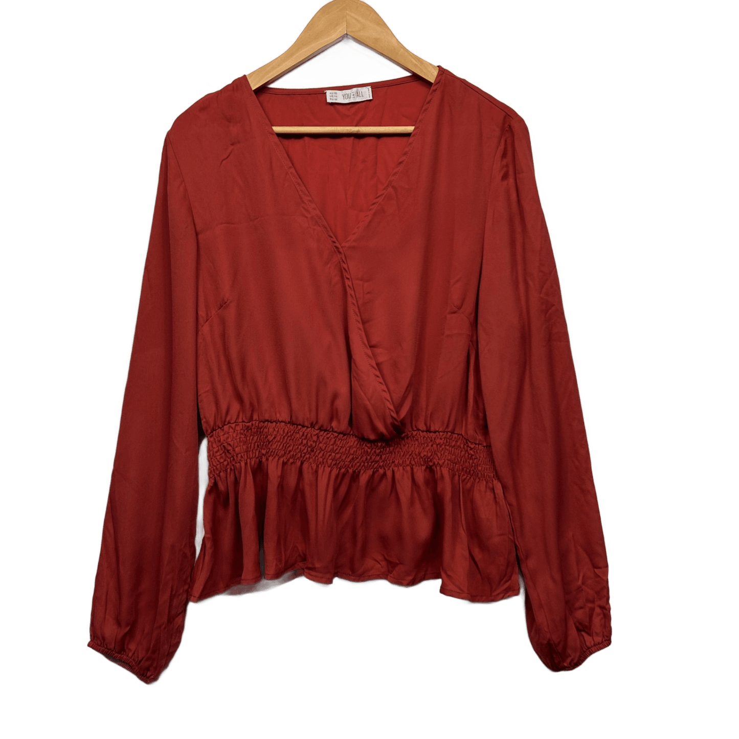 YOU + ALL Top Size AU 18 Rust Red Solid Long Sleeve Polyester Peplum