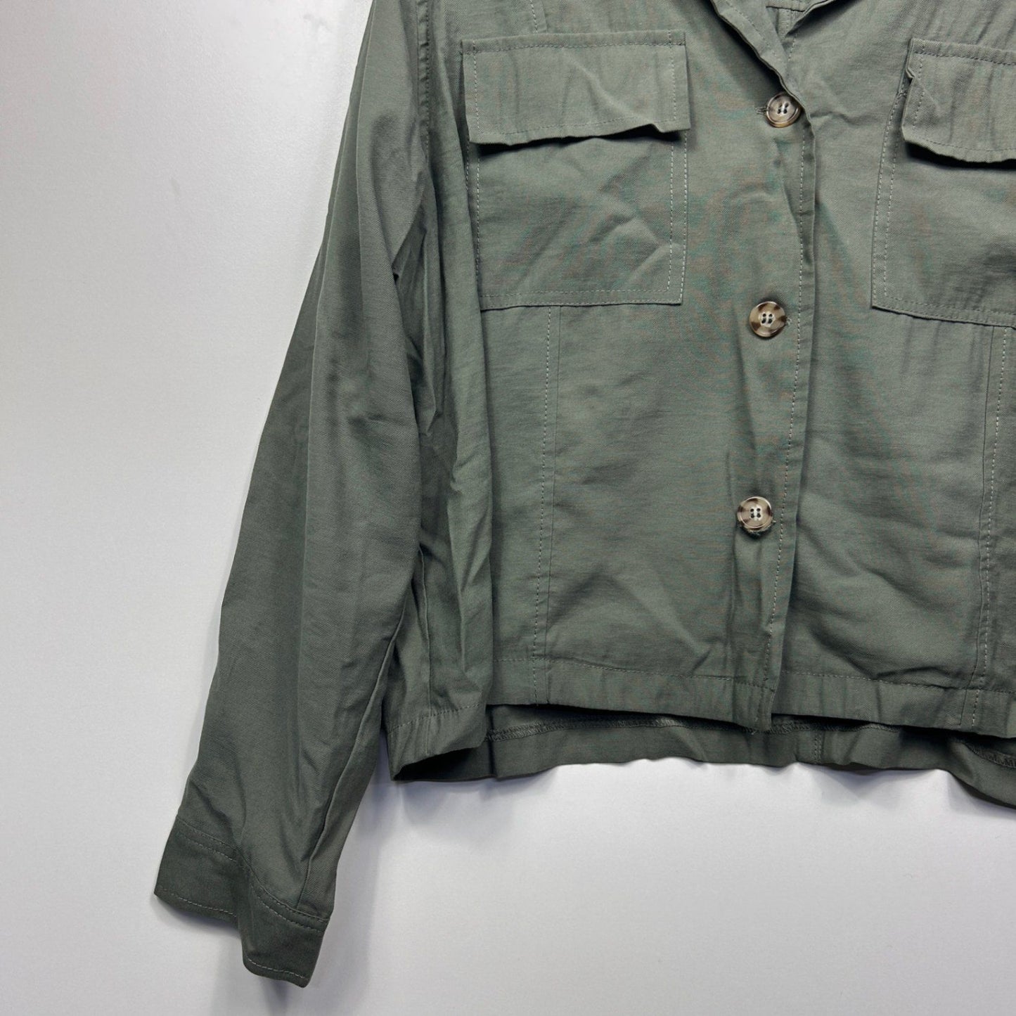 Katies Jacket Shacket Top Olive Green Viscose Button Up Long Sleeve Size 20