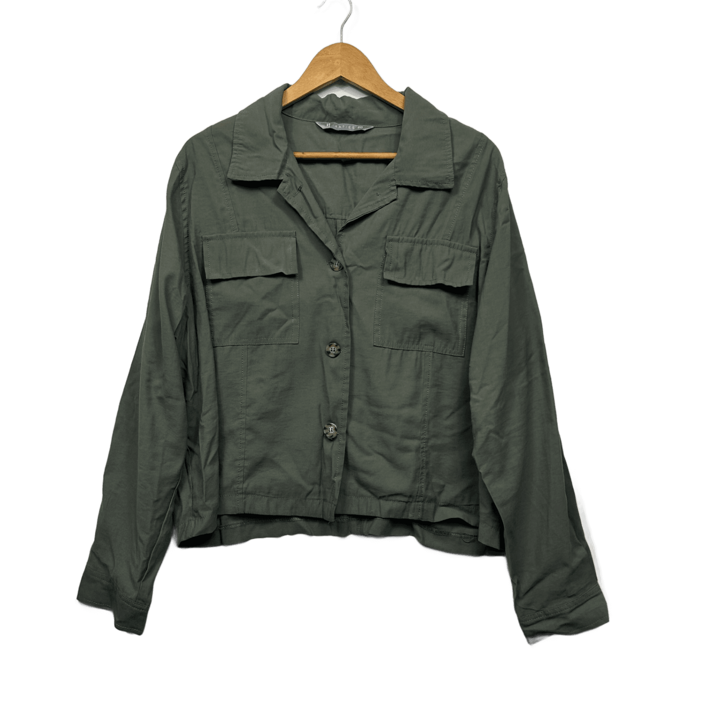 Katies Jacket Shacket Top Olive Green Viscose Button Up Long Sleeve Size 20