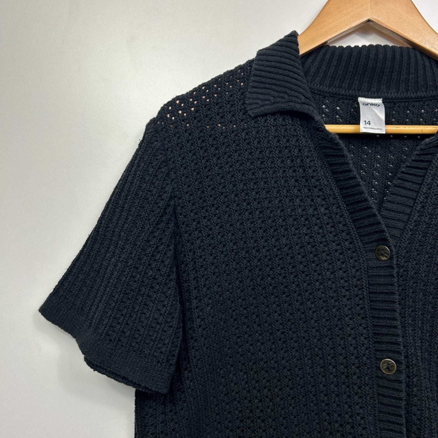 Anko Knit Top Size 14 Black Short Sleeve Button Up Cotton Blend