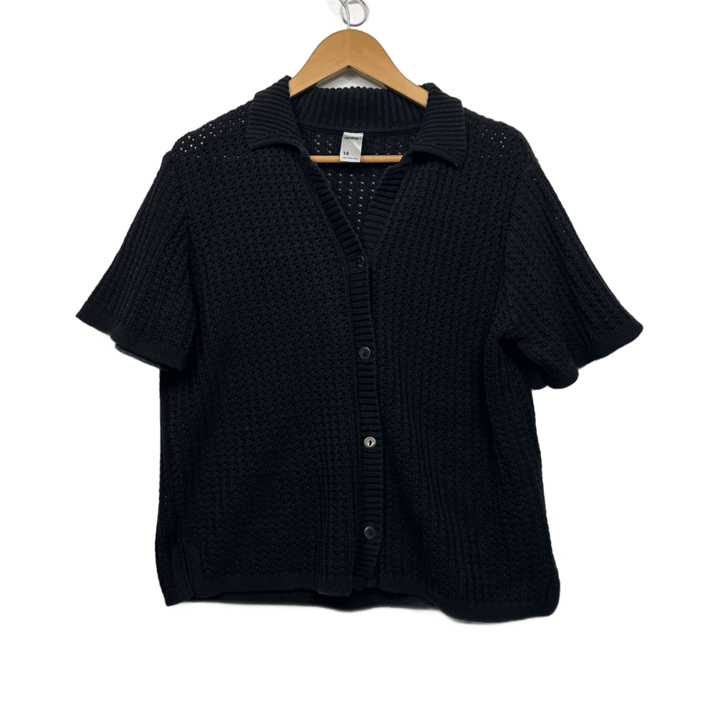 Anko Knit Top Size 14 Black Short Sleeve Button Up Cotton Blend