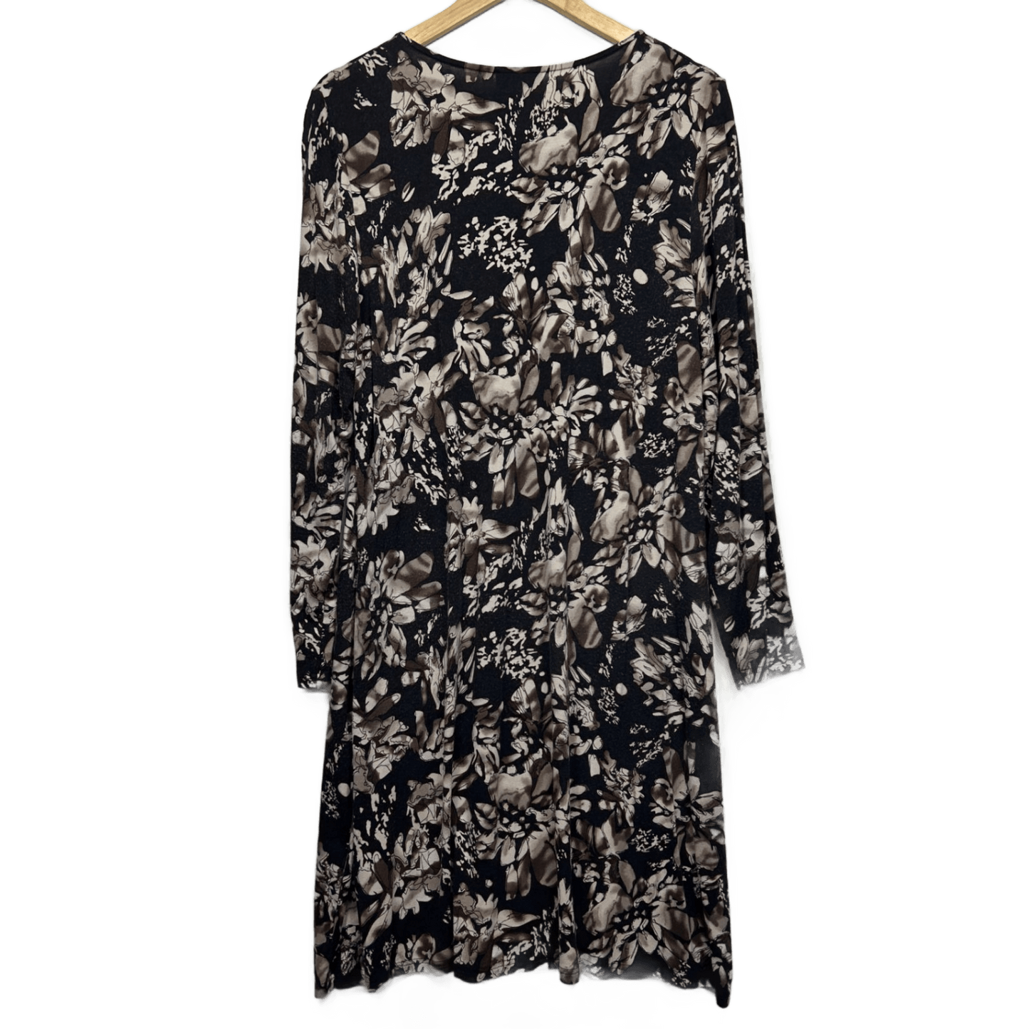 Blue Illusion Midi Dress Size 16 18 2XL Long Sleeve Black Floral Beaded Sequins