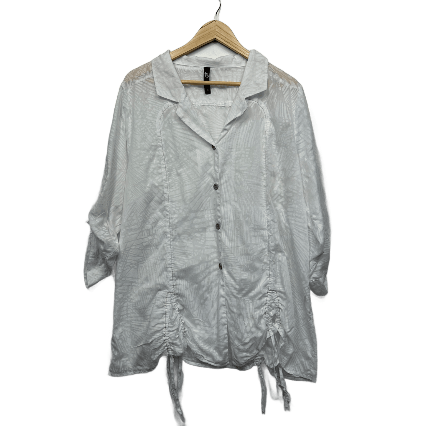 Taking Shape Top Size 18 Plus White Button Up Roll Tab Sleeve Ruched Cotton Blend