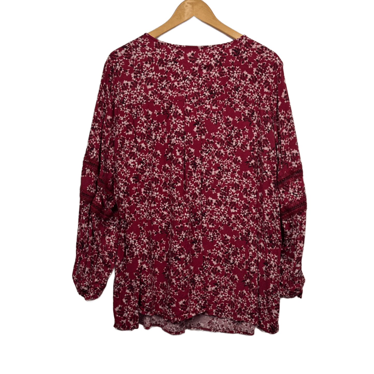 Belle Curve Top Size 22 Red Floral Long Sleeve Crochet Trim Viscose