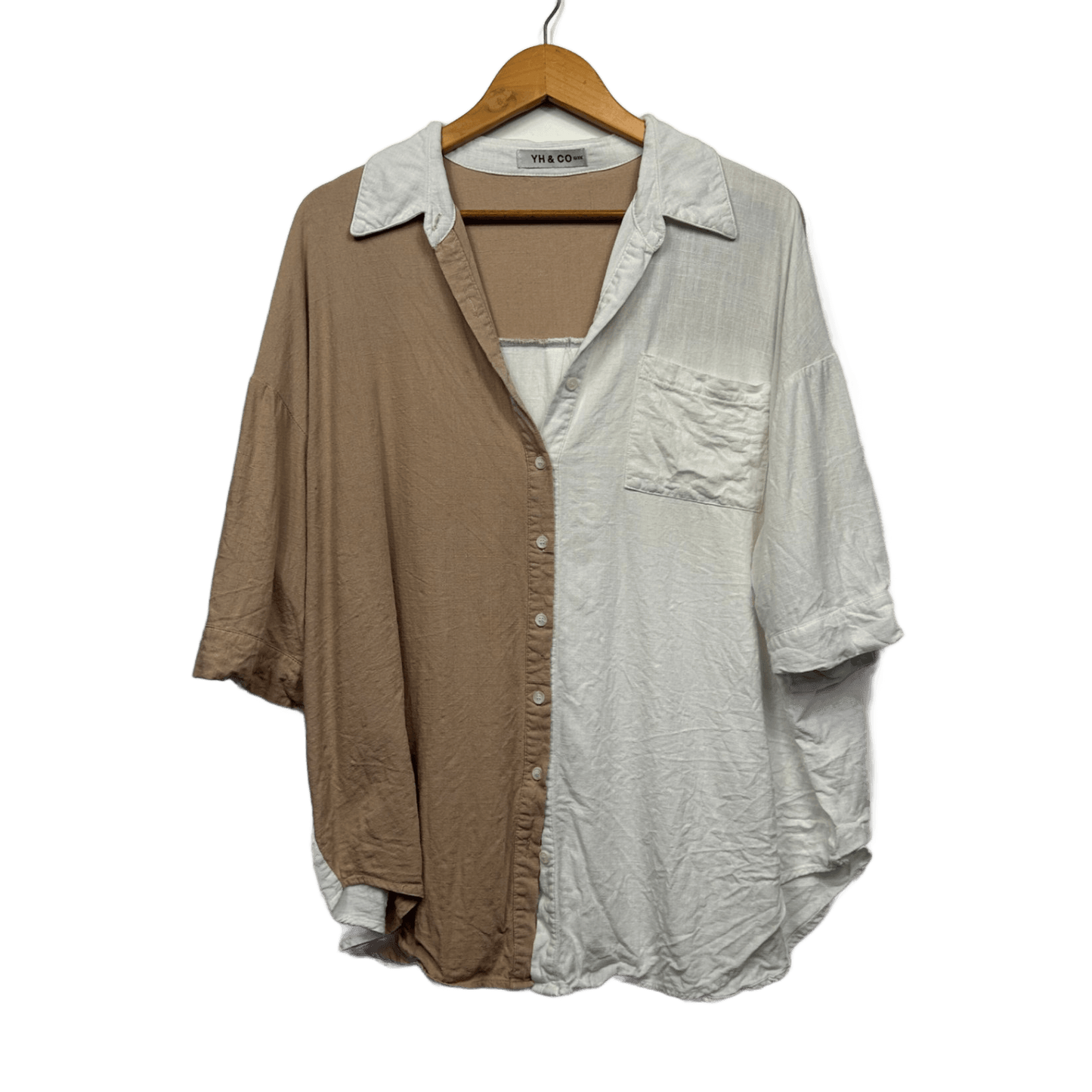 YH & Co Button-Up Shirt Size 16/XXL White Tan Colourblock Short Sleeve