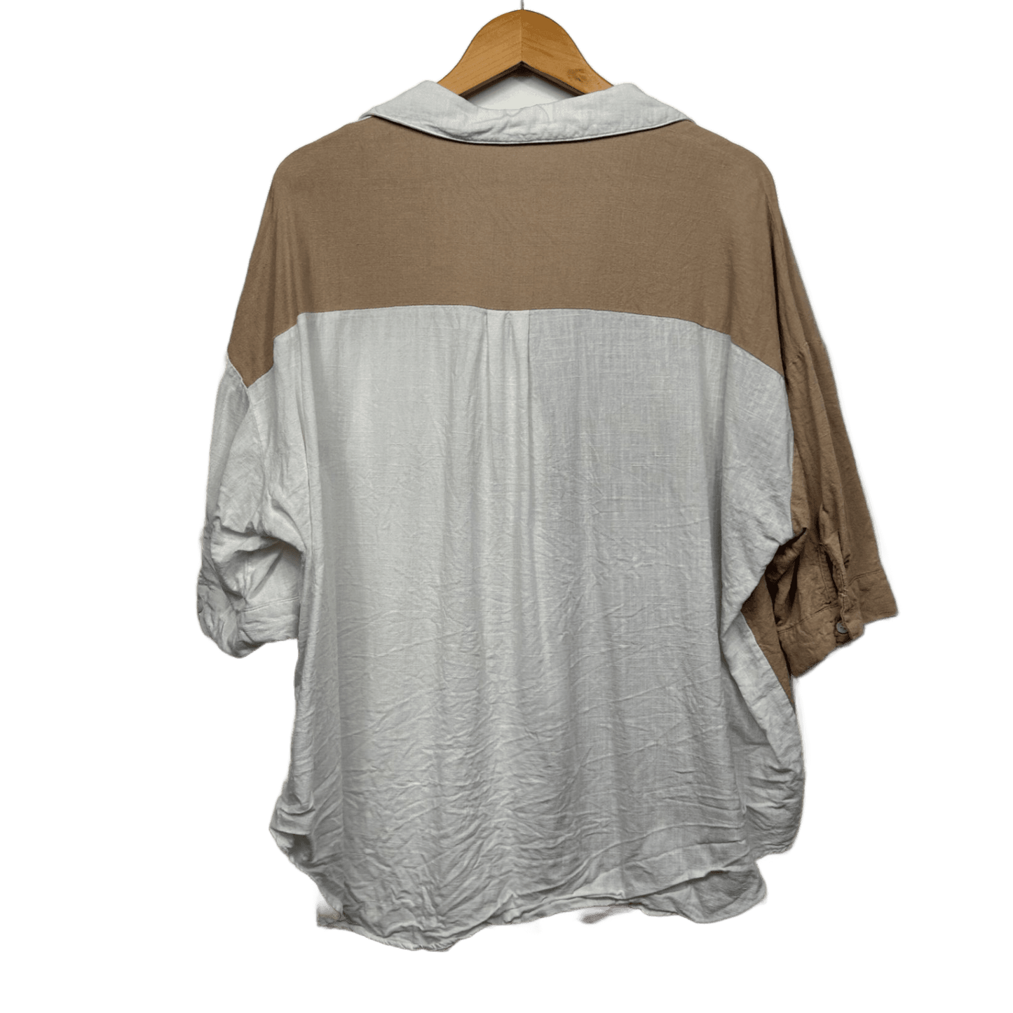 YH & Co Button-Up Shirt Size 16/XXL White Tan Colourblock Short Sleeve