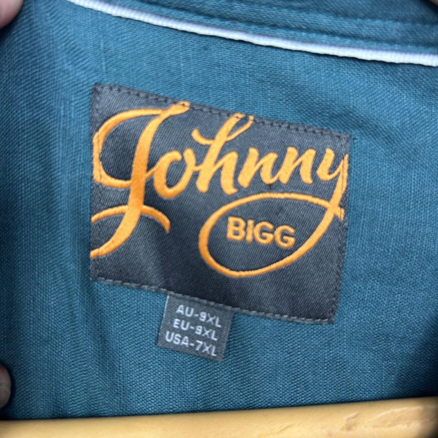 Johnny Bigg Shirt Size 9XL Linen Cotton Green Teal Long Sleeve Button Up