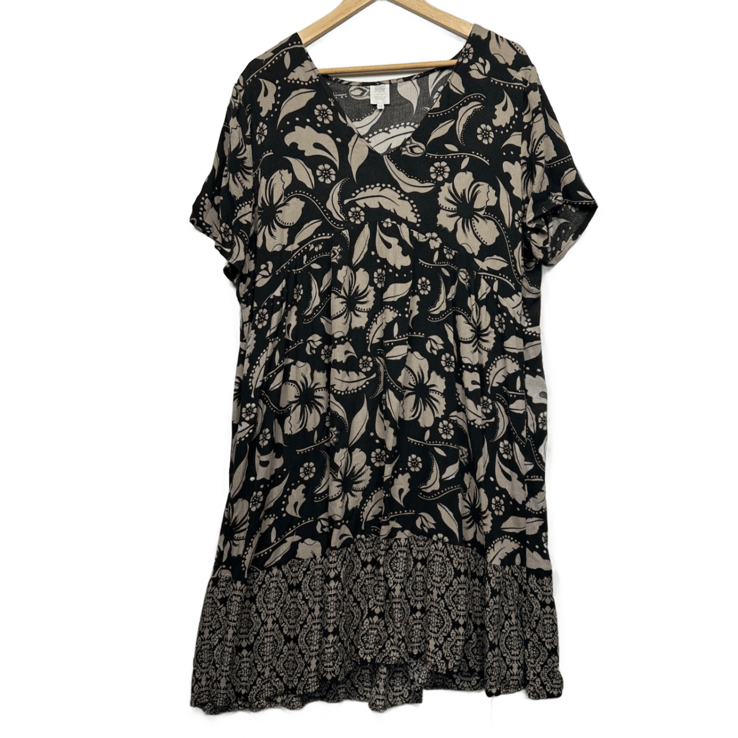 Rivers Shift Dress Size 18 Black Beige Floral Short Sleeve Pockets