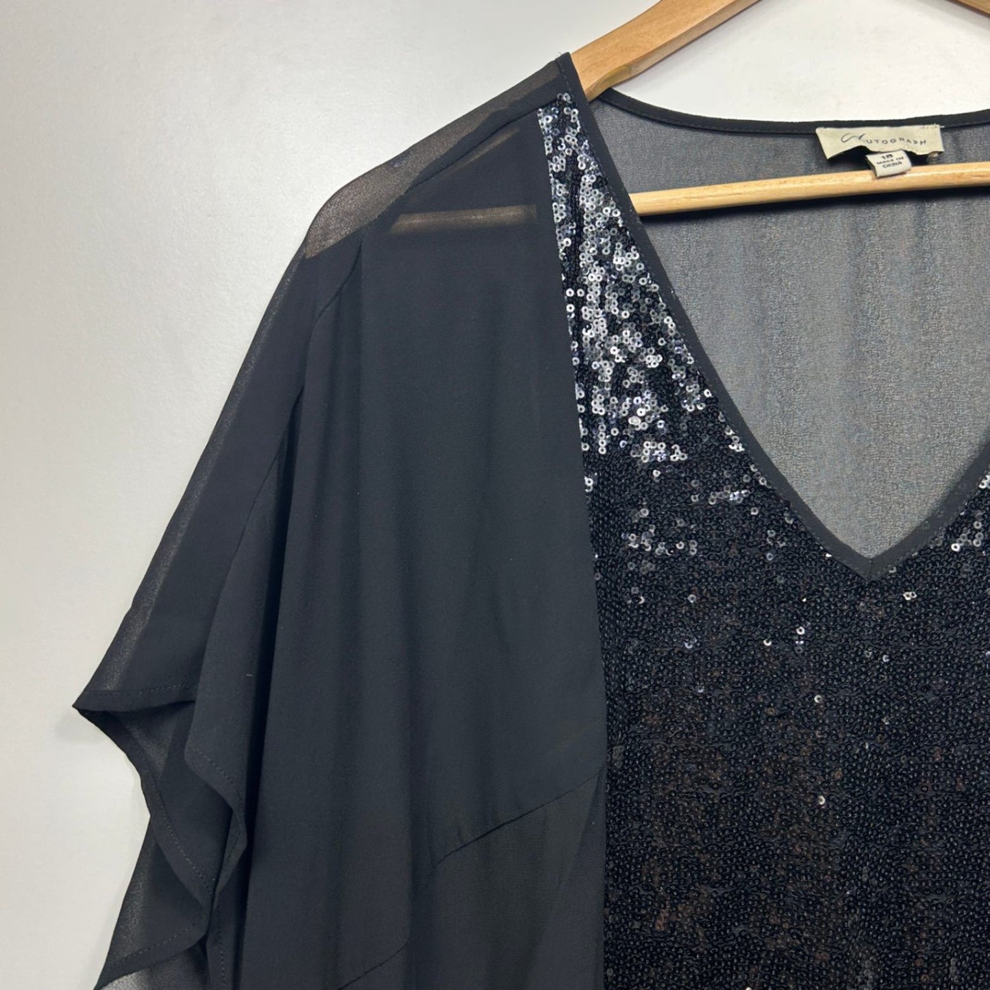 Autograph Black Short Sleeve Sequins Kaftan Tunic Top Evening Blouse Size 18 Sheer