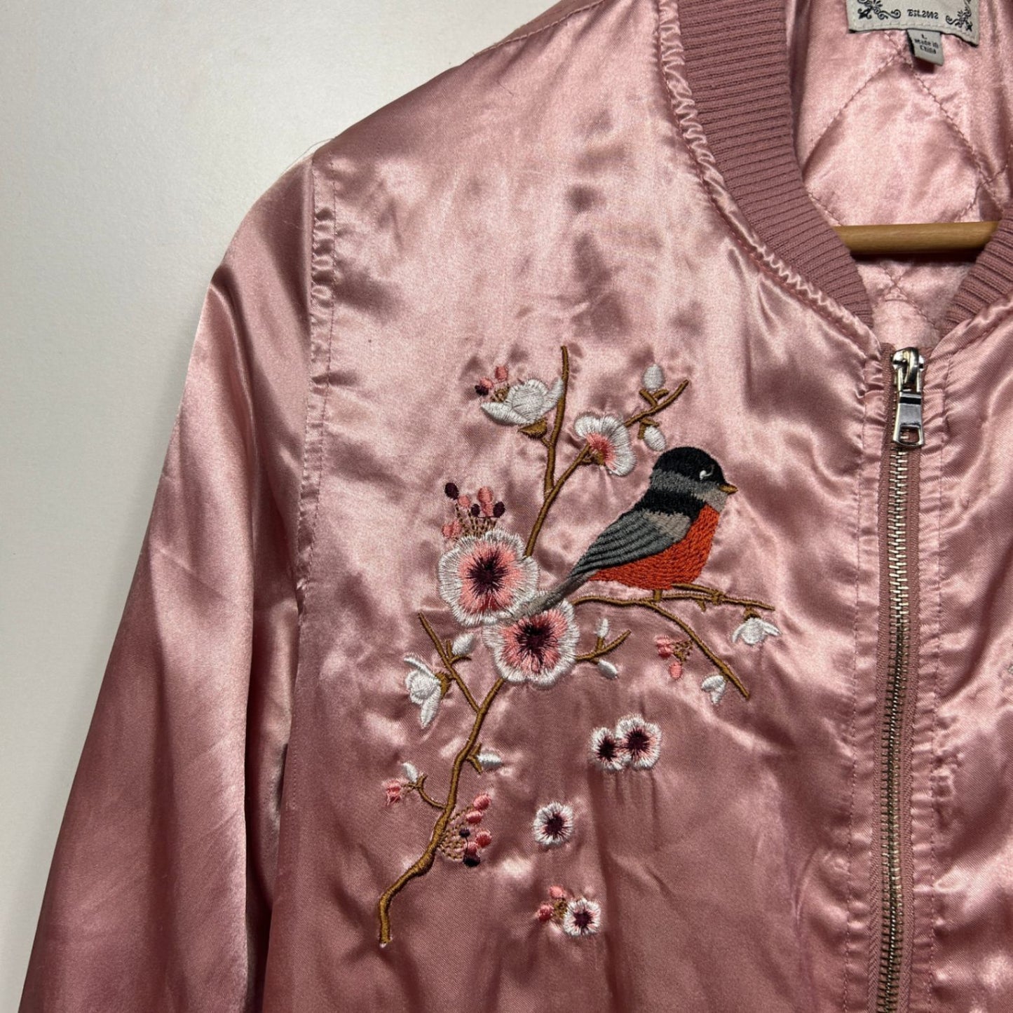 Iris Los Angeles Pink Satin Embroidered Bird Floral Bomber Jacket Size Large 12/14