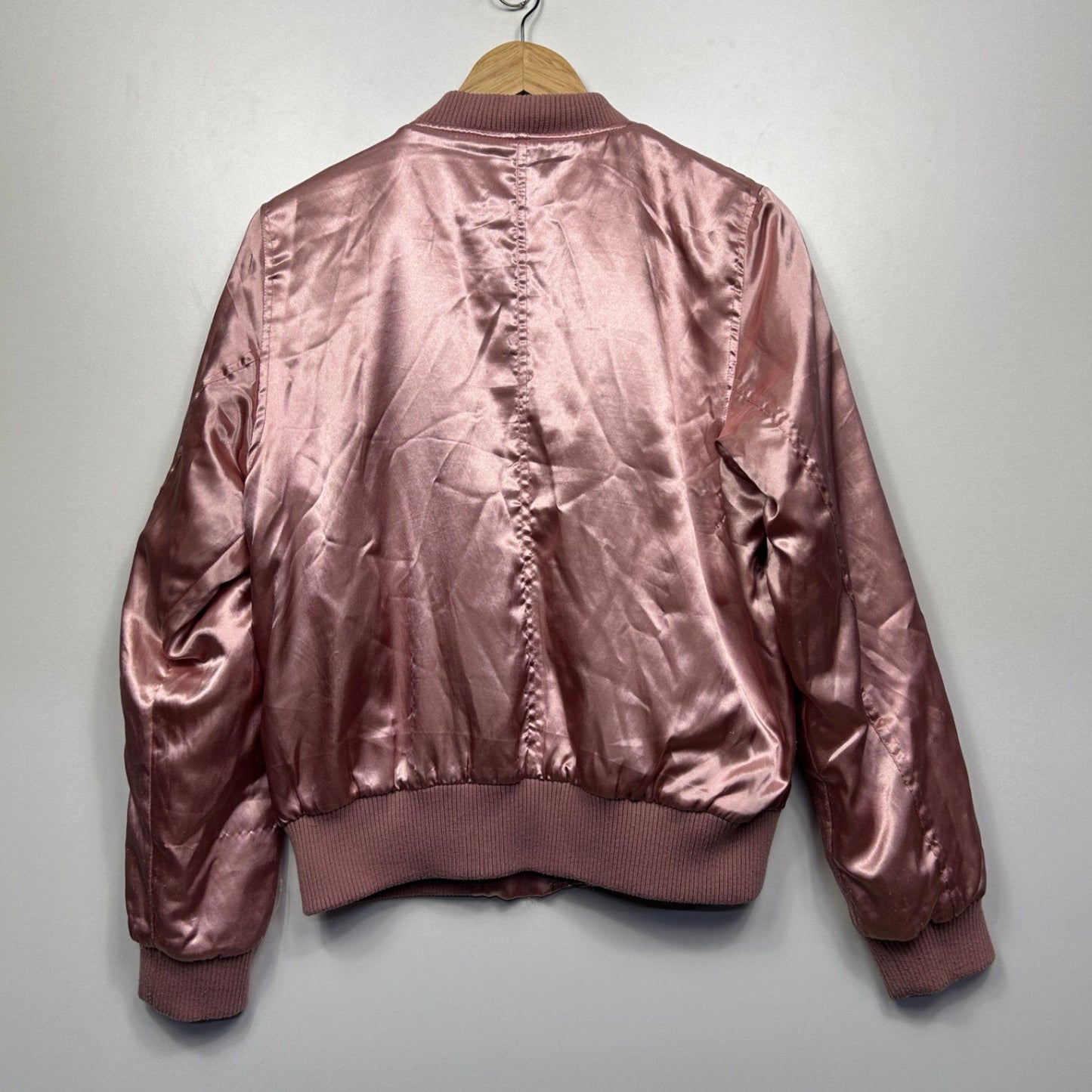 Iris Los Angeles Pink Satin Embroidered Bird Floral Bomber Jacket Size Large 12/14