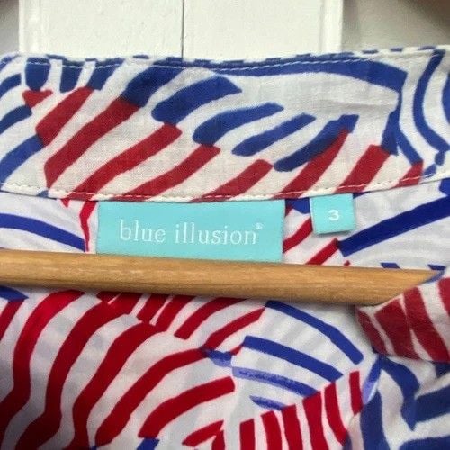 Blue Illusion Blouse Size 18 20 Multicolour Long Sleeve Button Up Top Ramie Linen