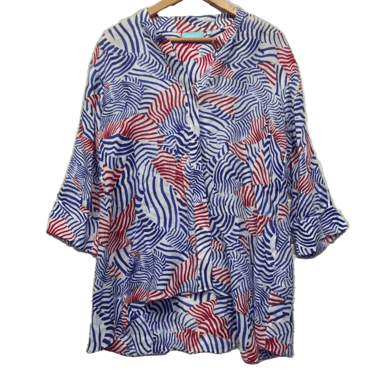Blue Illusion Blouse Size 18 20 Multicolour Long Sleeve Button Up Top Ramie Linen