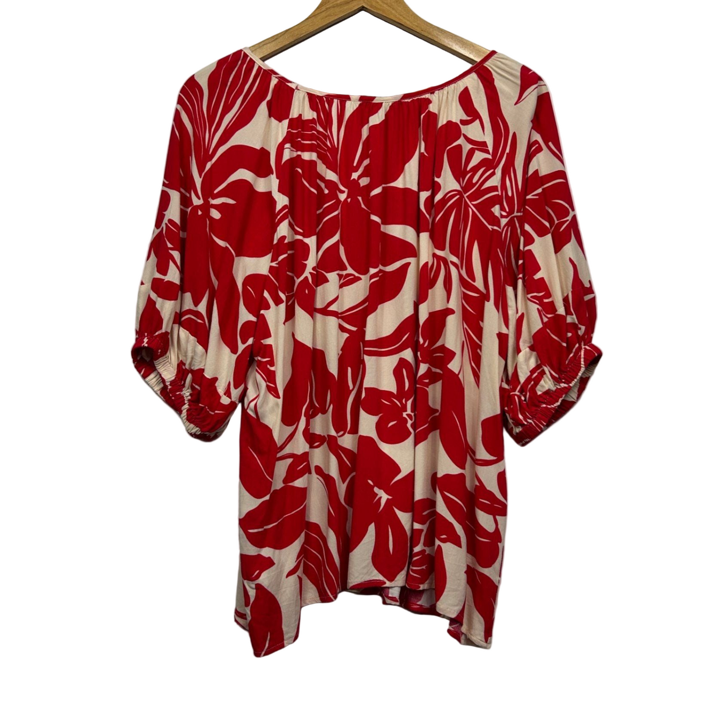 Suzanne Grae Tunic Top Size 18 Red Beige Short Pillow Sleeve Viscose