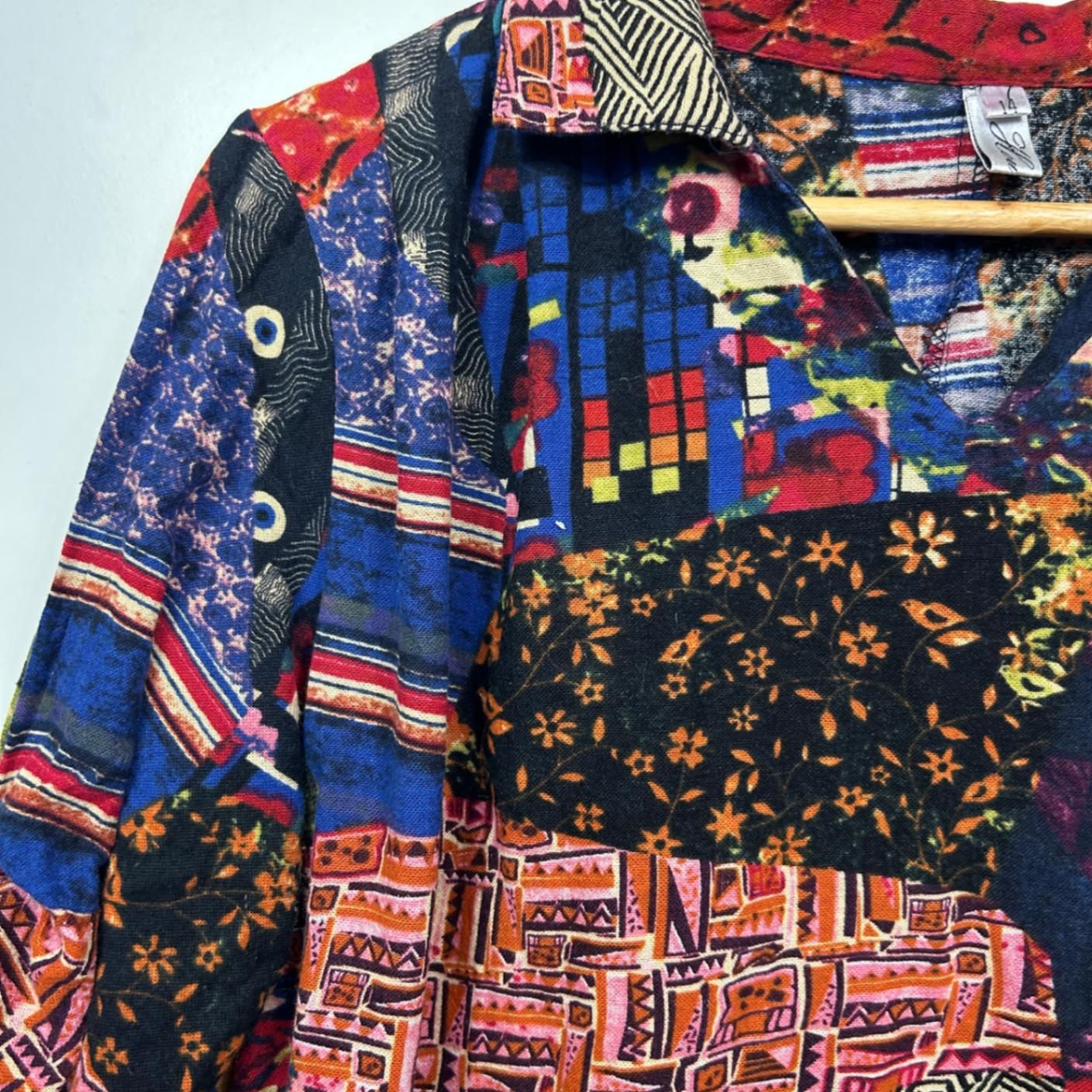 Hourglass Tunic Top Size 14 16 Multicoloured Linen Blend Ruched Sleeve Pockets Patchwork