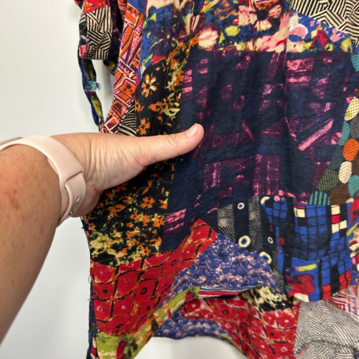 Hourglass Tunic Top Size 14 16 Multicoloured Linen Blend Ruched Sleeve Pockets Patchwork