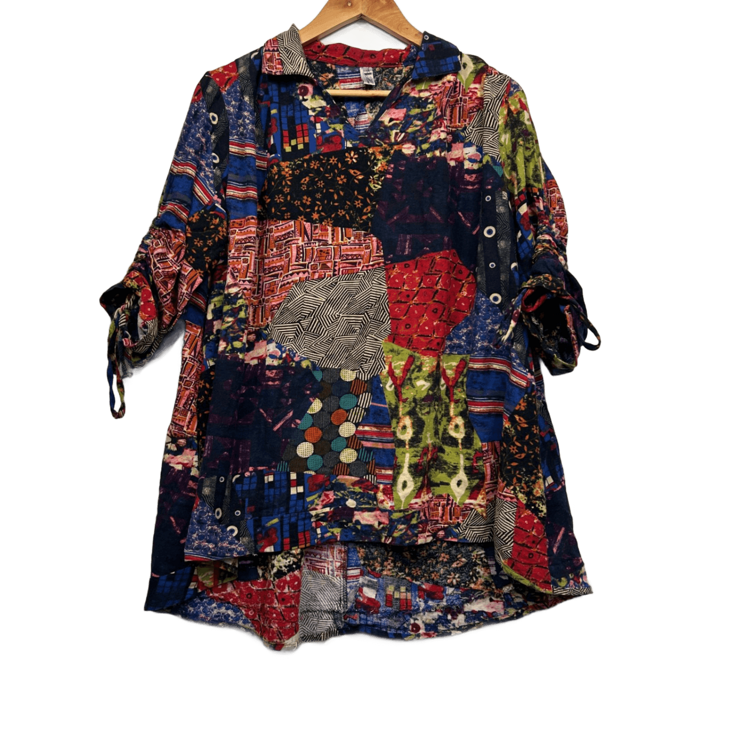 Hourglass Tunic Top Size 14 16 Multicoloured Linen Blend Ruched Sleeve Pockets Patchwork