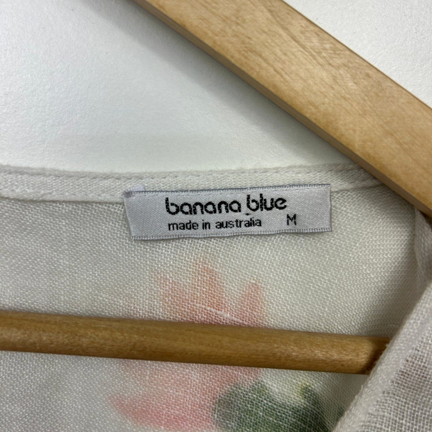 Banana Blue Linen Tunic Top Size 12 14 Oversized Cactus White Long Sleeve Made in Australia