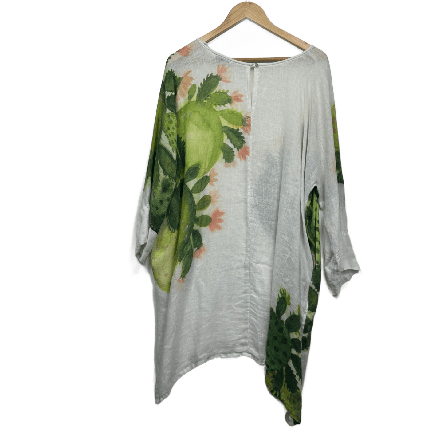 Banana Blue Linen Tunic Top Size 12 14 Oversized Cactus White Long Sleeve Made in Australia