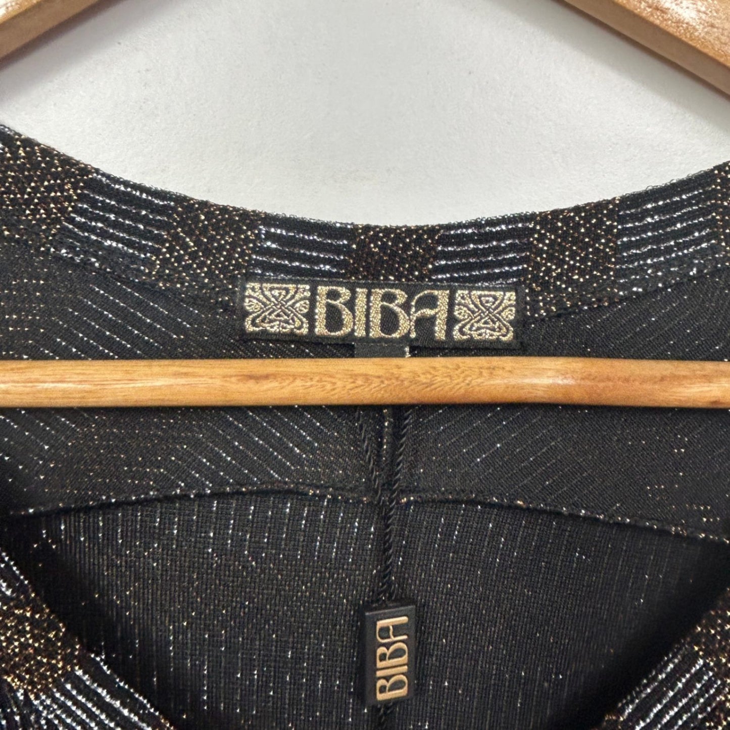 Biba Black Gold Cocktail Dress Size 16 3/4 Sleeve Metallic