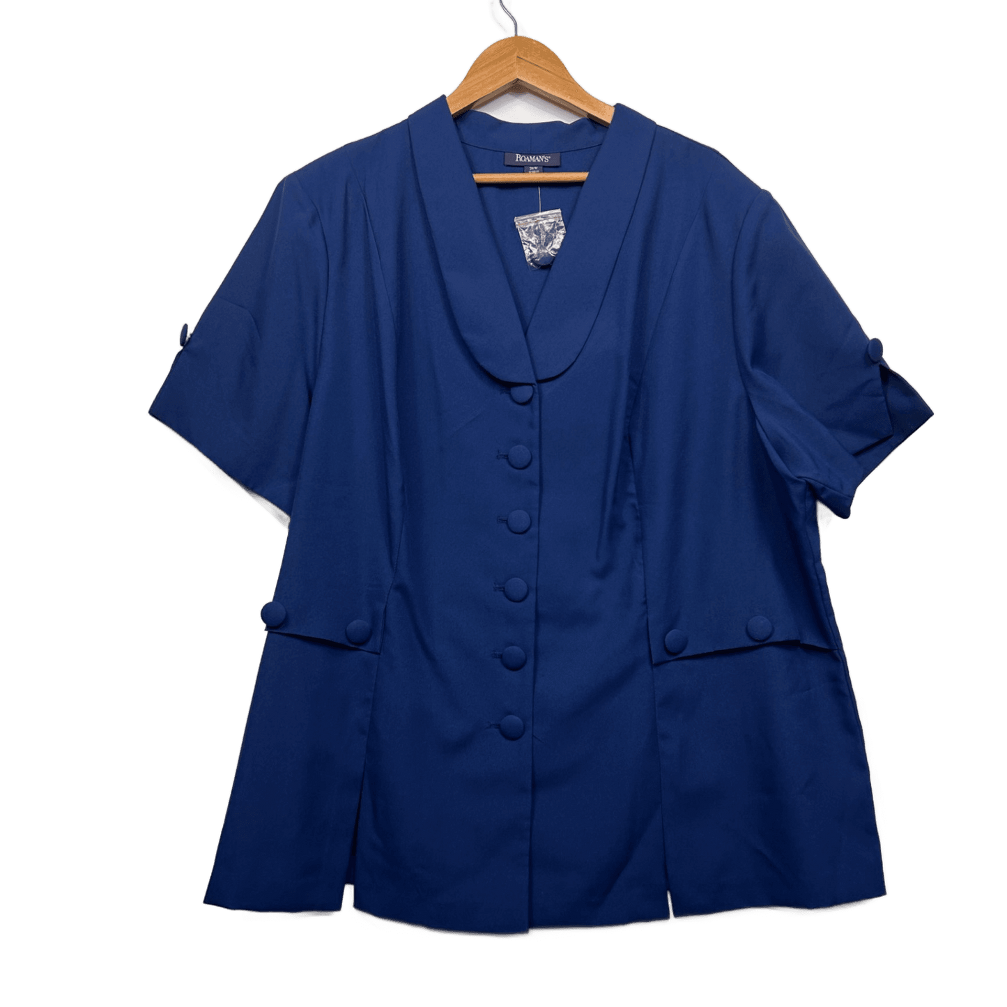 New Roaman's Blue Fitted Top Size 28 W Short Sleeve Button Up