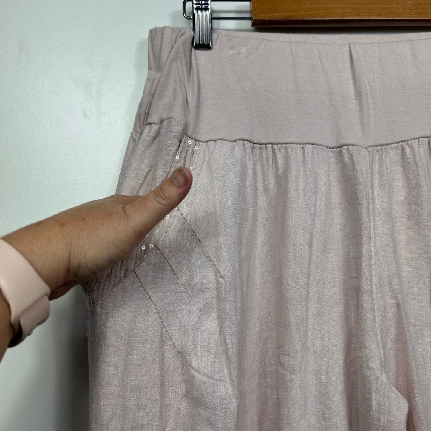 Linen Jogger Harem Pants Size 16 18 Pink Sequins Pockets Made in Italy