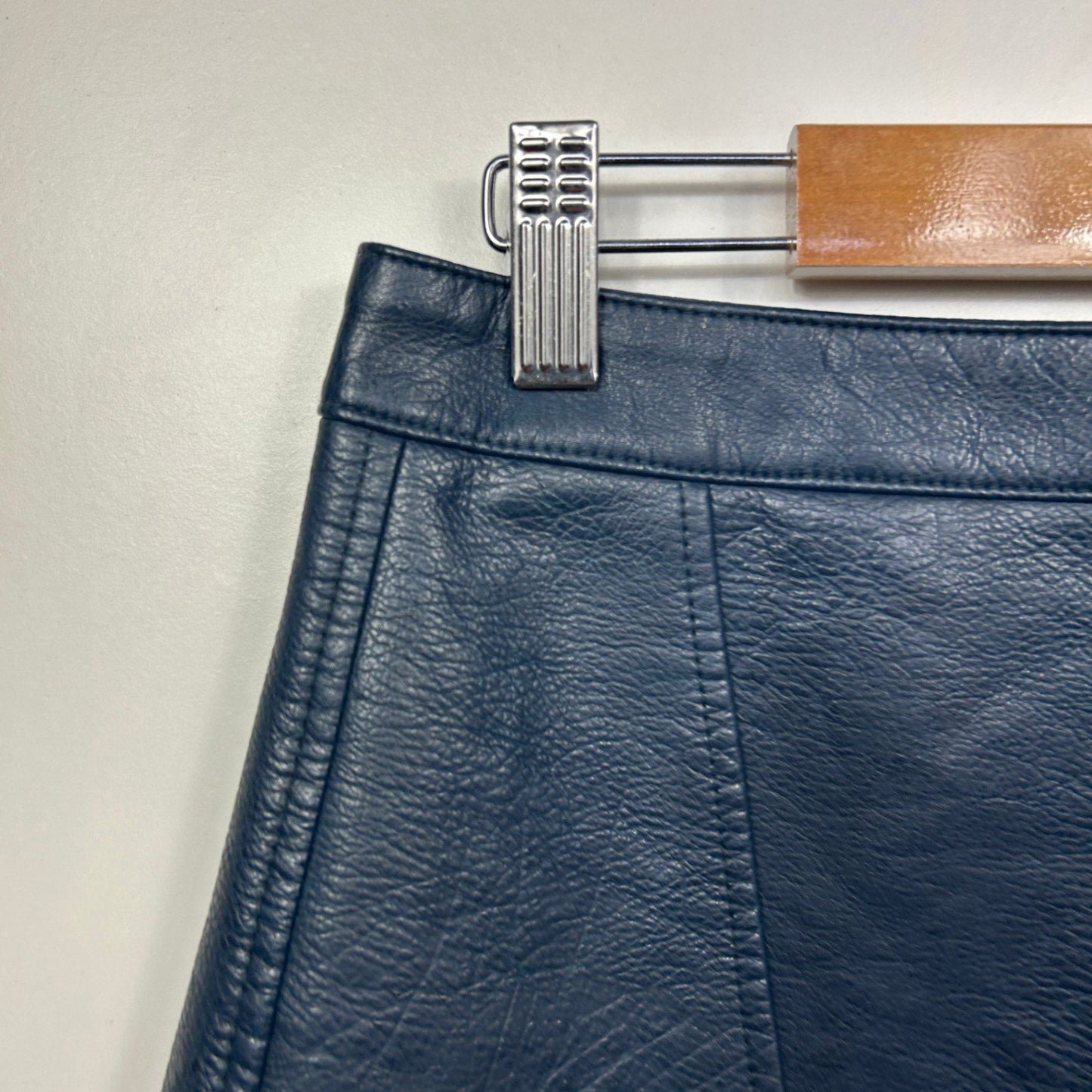 Zara Navy Blue Faux Leather Mini Skirt Size 14 Large Side Zip