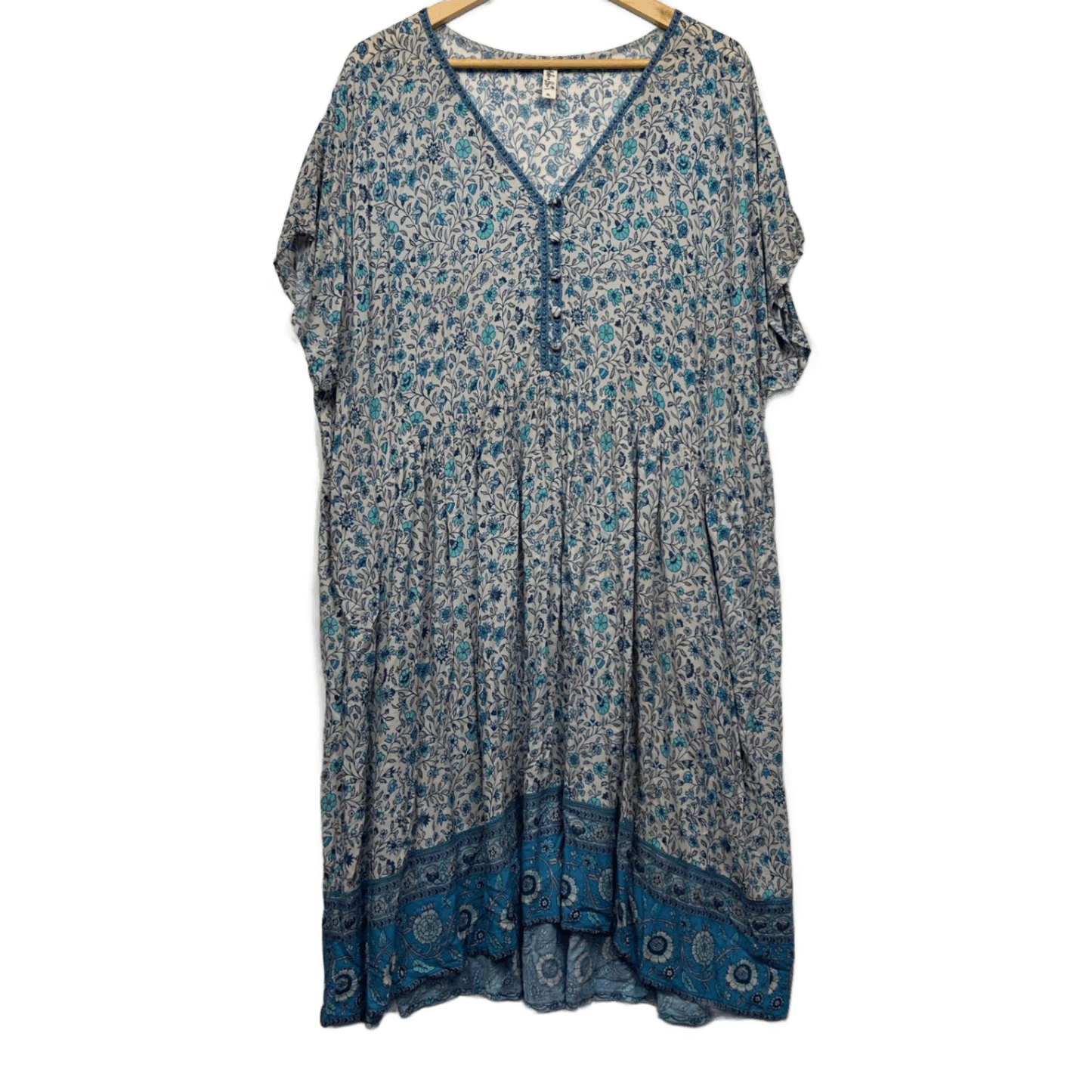 Ada & Lou Maxi Boho Dress Size 22 XL Plus Blue Floral Midi Length Rayon Pockets