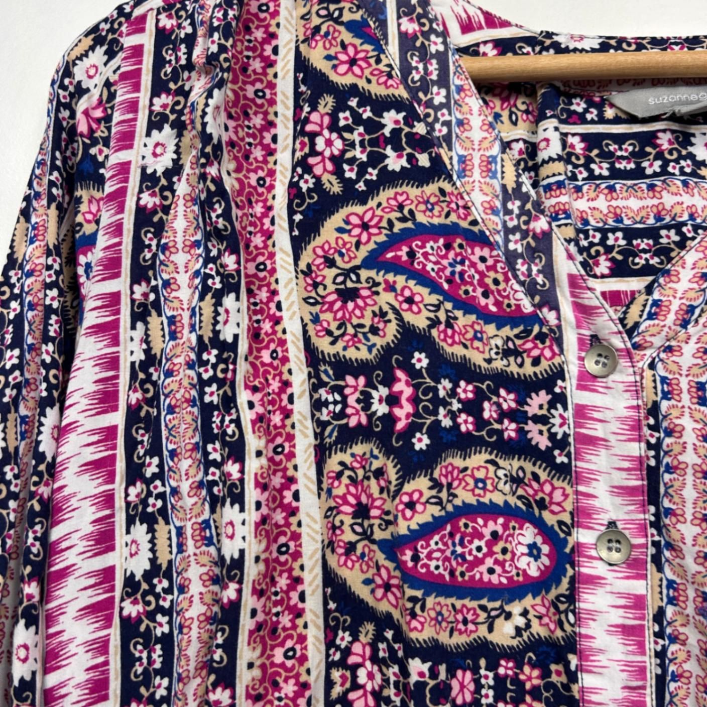 Suzanne Grae Multicoloured Viscose Long Sleeve V-Neck Bohemian Blouse Top Size 16