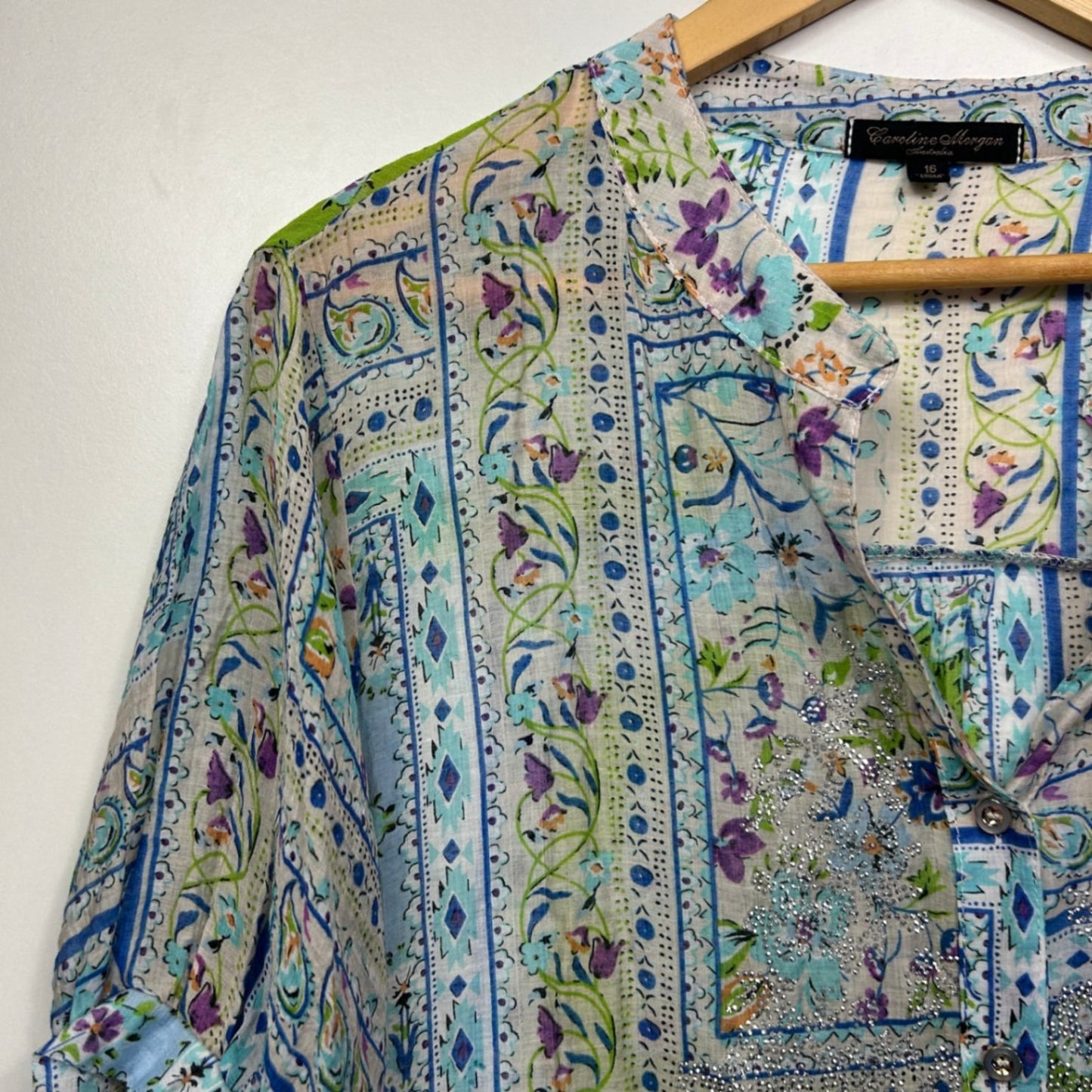 Caroline Morgan Blouse Size 16 Multicoloured Button Up Embellished Lightweight