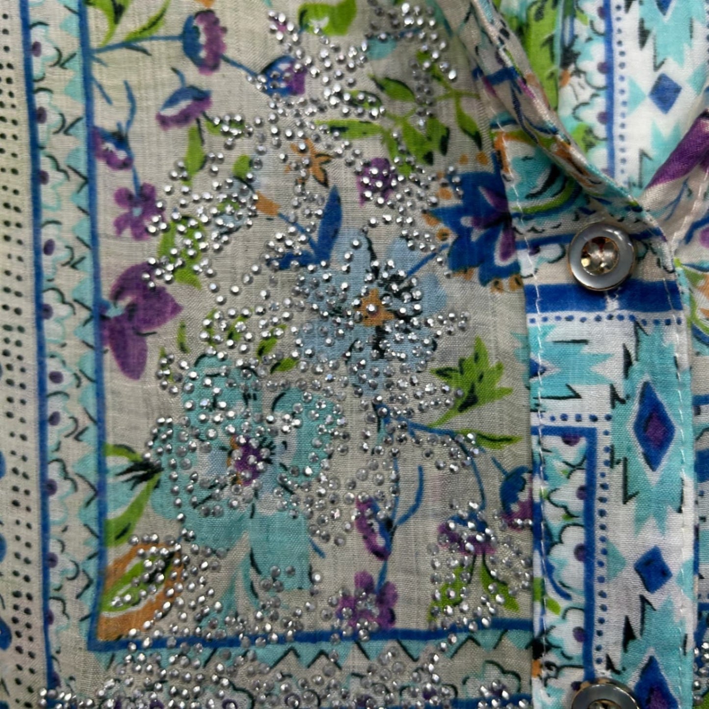 Caroline Morgan Blouse Size 16 Multicoloured Button Up Embellished Lightweight