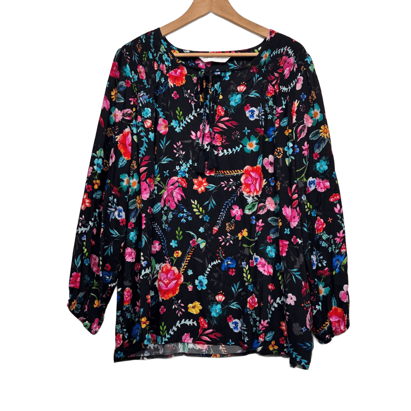 Virtuelle Top Blouse Size 16 Plus Multicoloured Black Floral Long Sleeve Viscose