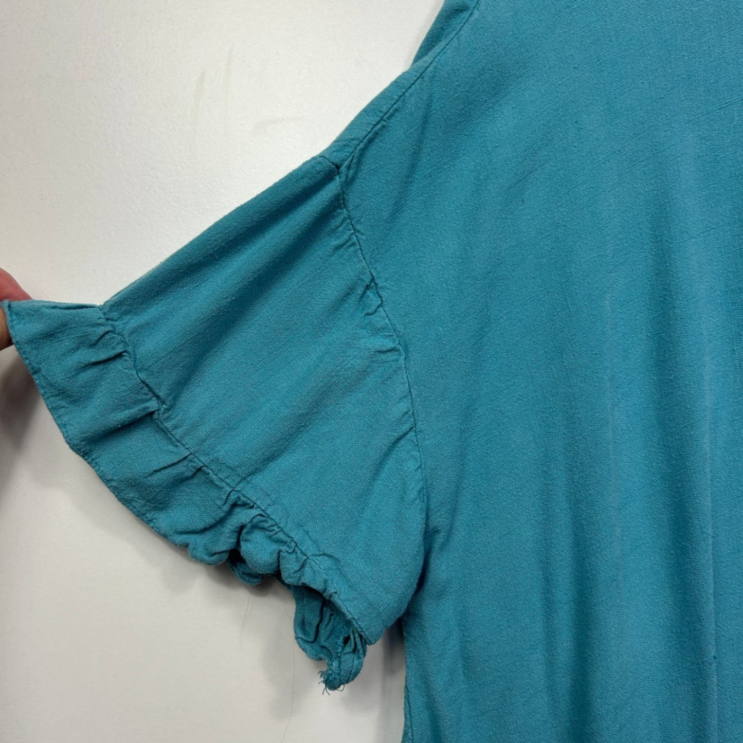 Anko Linen Top Size 16 Teal Short Sleeve Ruffle