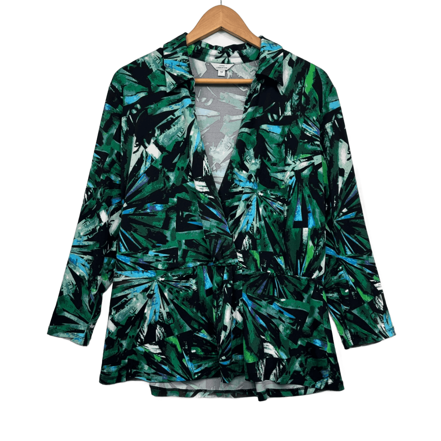 Jane Lamerton Top Size 18 Green Floral Long Sleeve Collared V Neck