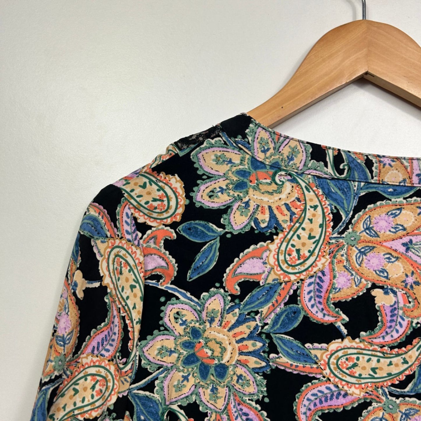 New Rockmans Top Long Sleeve Blouse Multicoloured Crochet Trim Boho Size 16