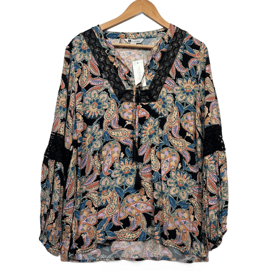 New Rockmans Top Long Sleeve Blouse Multicoloured Crochet Trim Boho Size 16