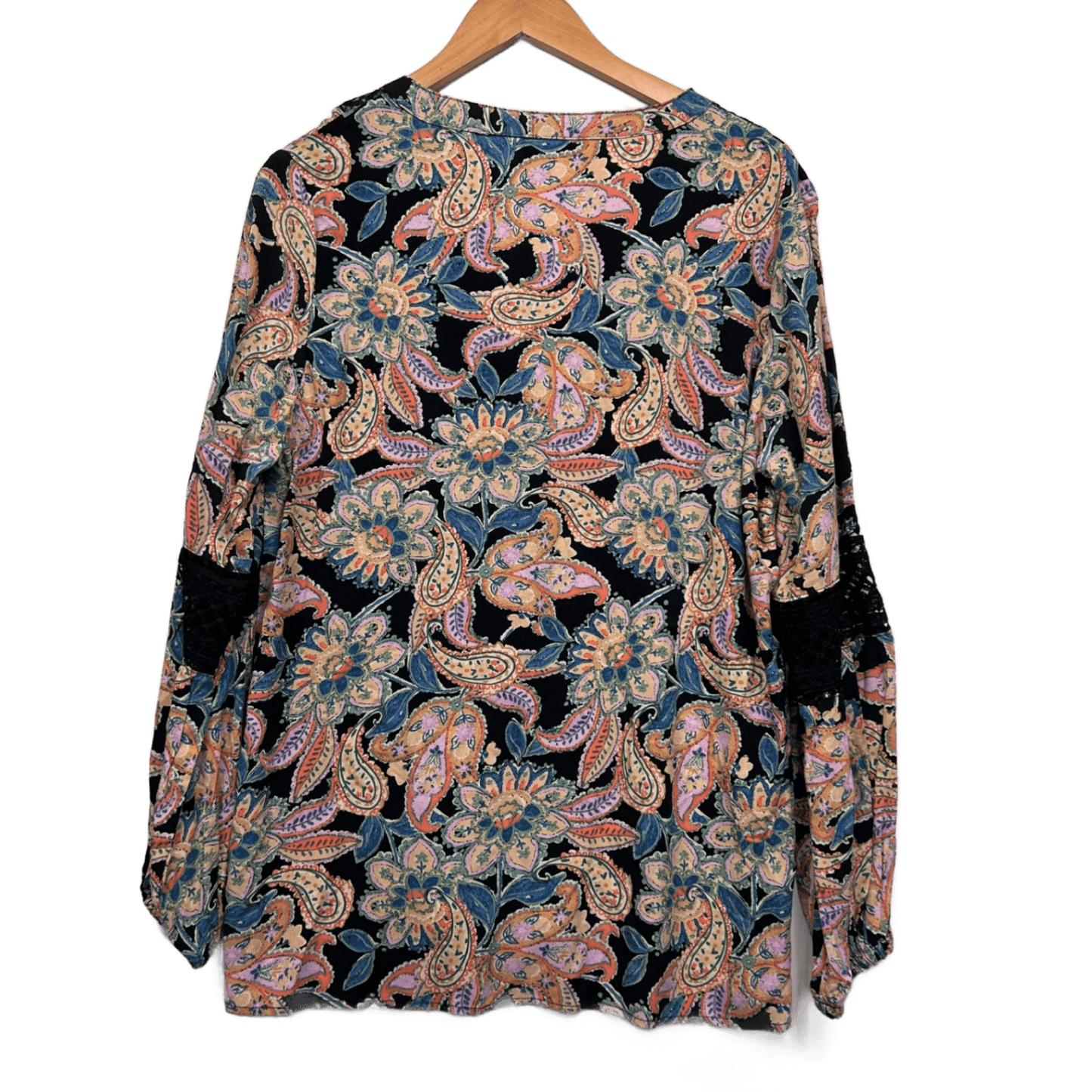 New Rockmans Top Long Sleeve Blouse Multicoloured Crochet Trim Boho Size 16