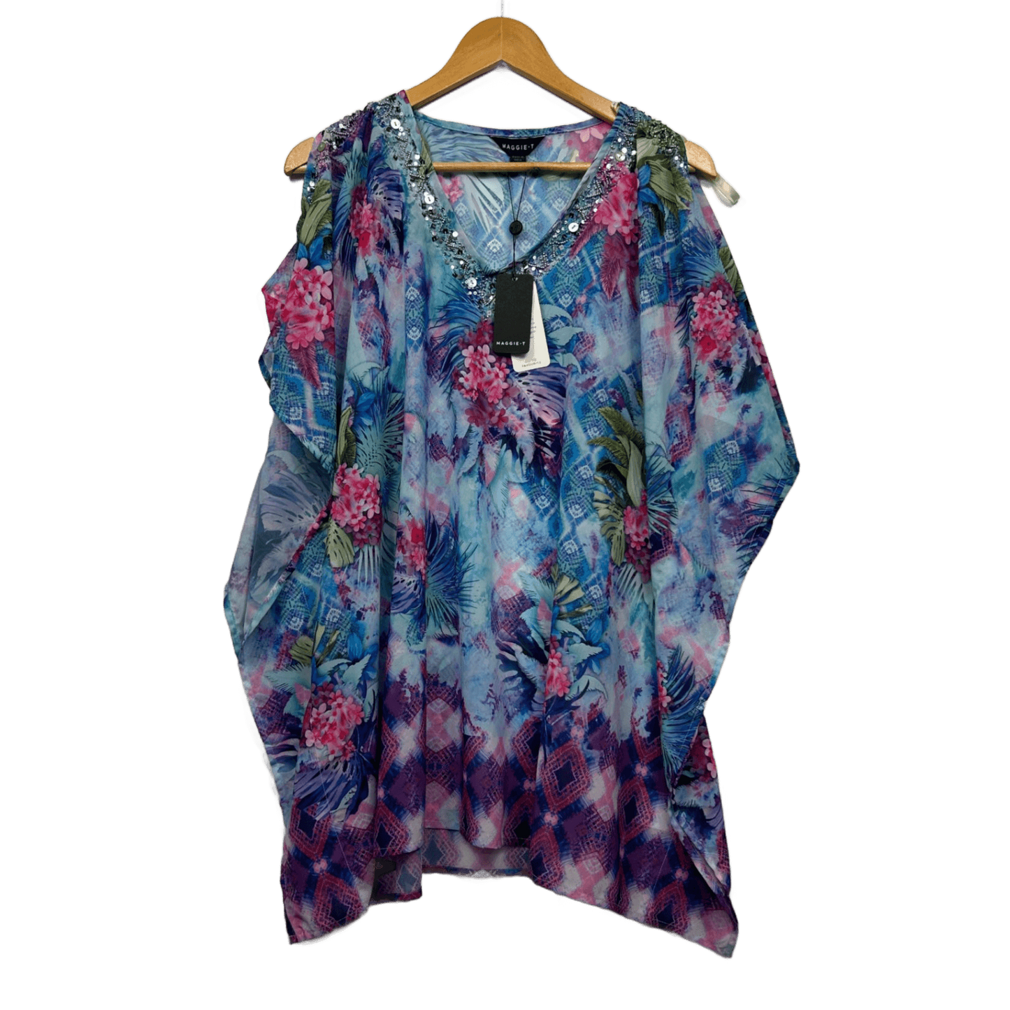 New Maggie T Kaftan Top Size 16 Multicoloured Floral Beaded Sequins