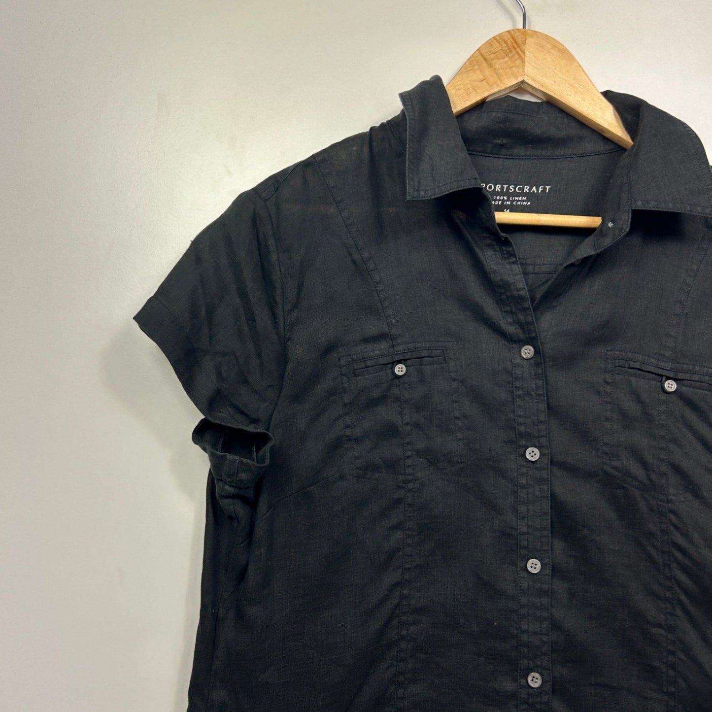 Sportscraft Black Linen Short Sleeve Collared Top Blouse Size 14
