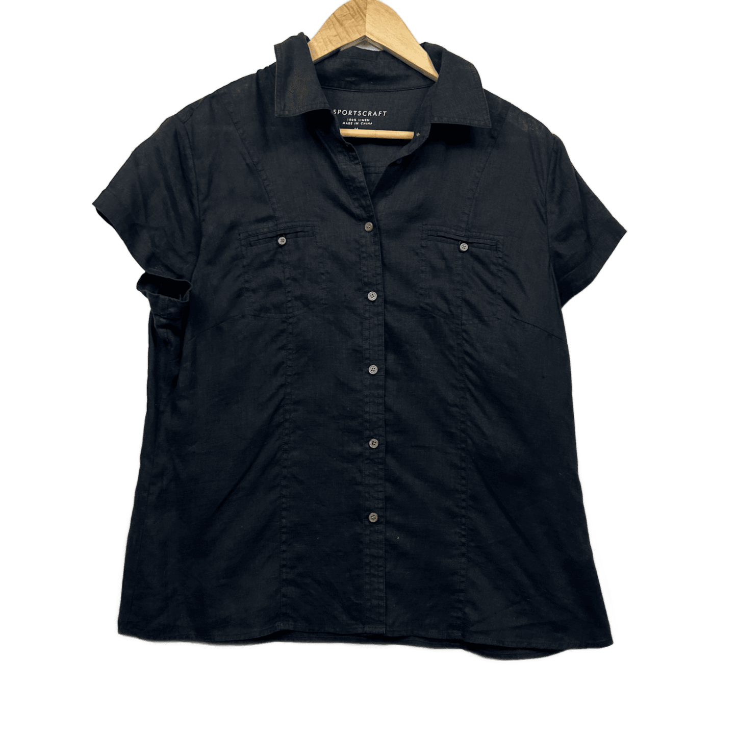Sportscraft Black Linen Short Sleeve Collared Top Blouse Size 14