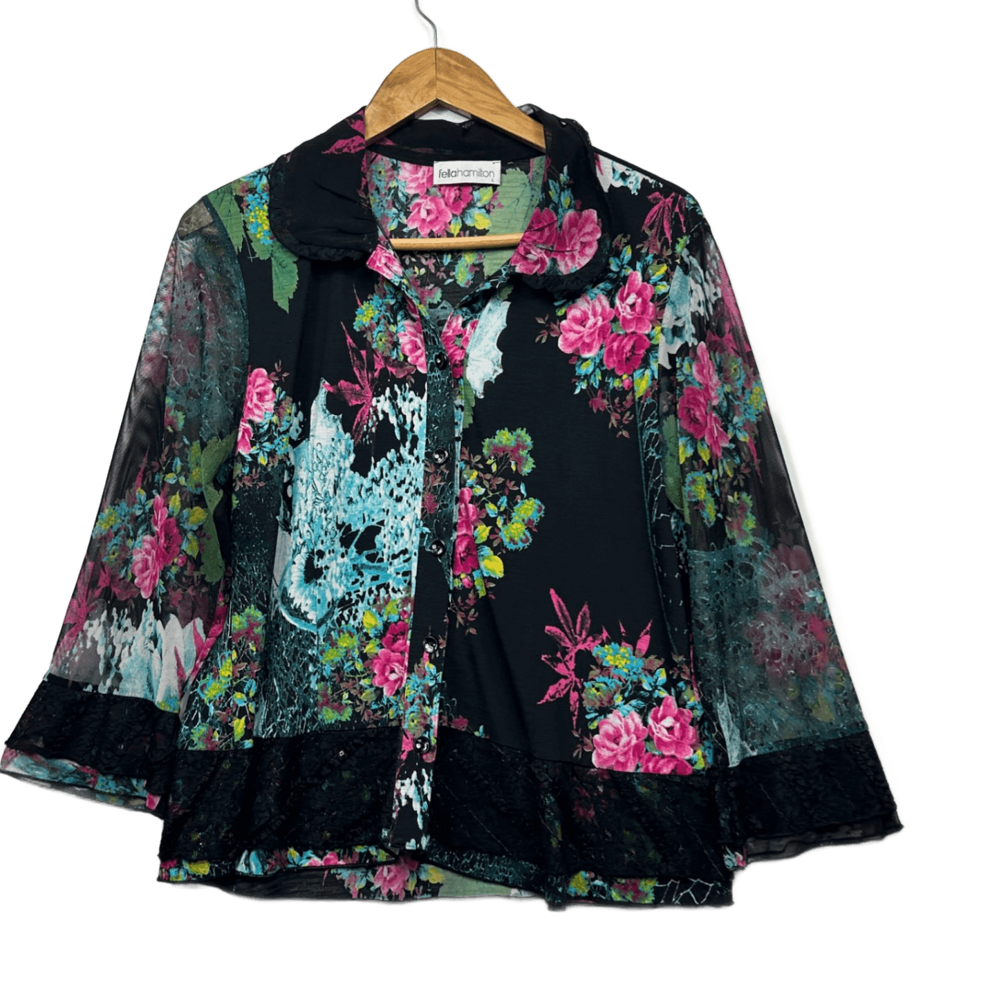 Fella Hamilton Button Up Top Size 14 Large Floral Multicoloured Long Sleeve