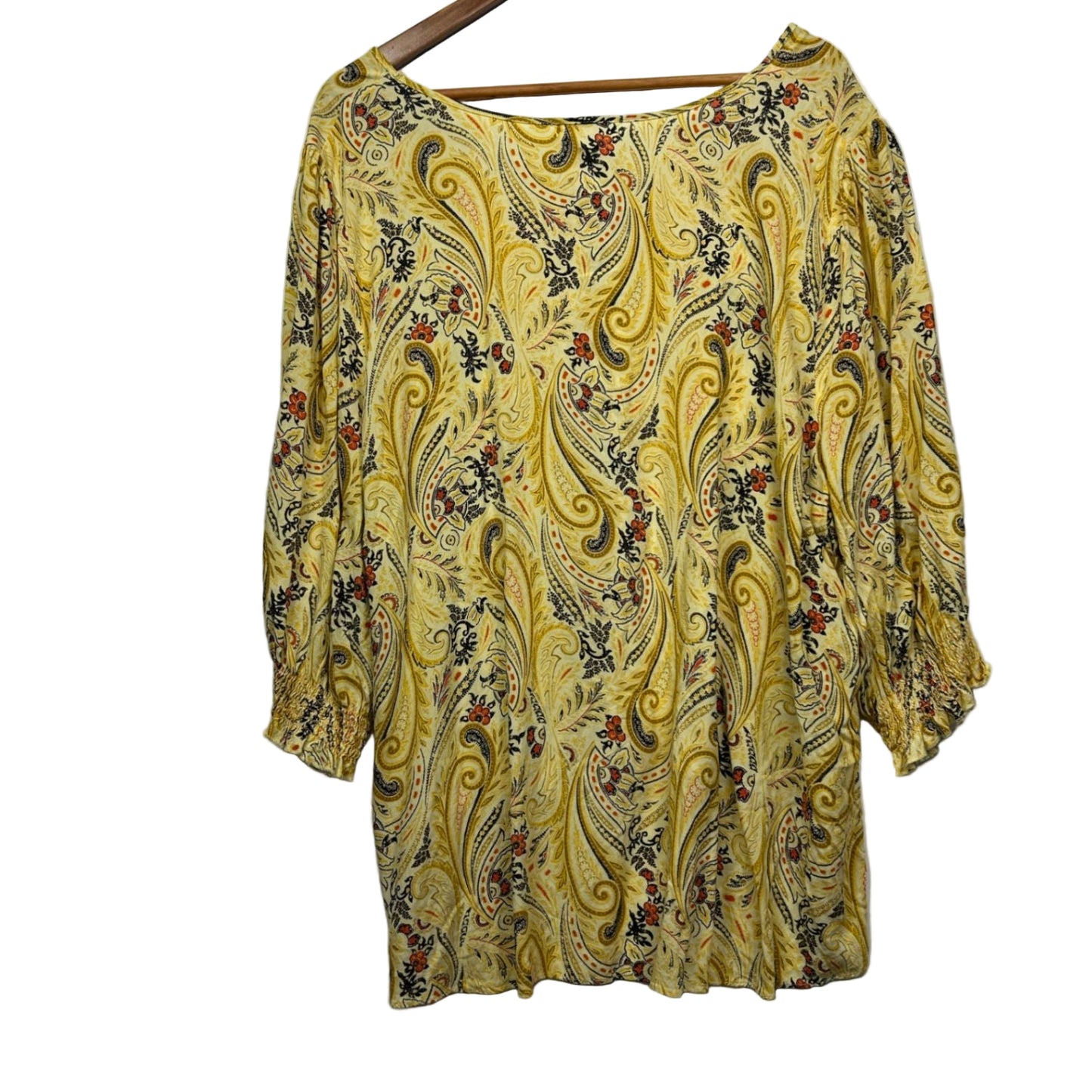 Retrology Blouse Top Size 24 26 Yellow Floral Boho Paisley Print Front Tie Rayon